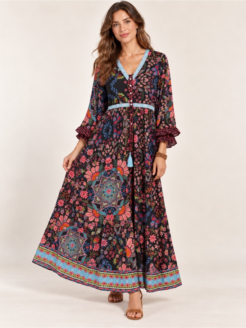 Joe Browns Black Maxi Dress with Pink & Teal Floral Print